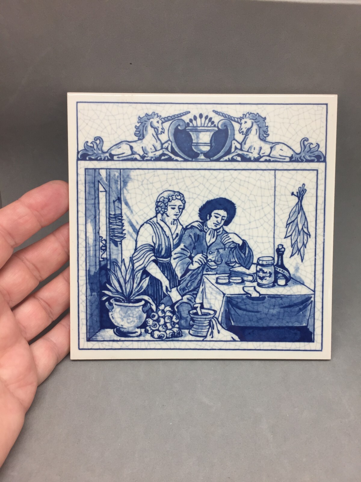 Blue Delft Schoonhaven Holland Tile Trivet Pharmacy Herbalist Burroughs Wellcome