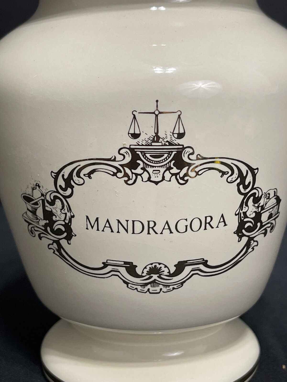 Vtg Eli Lilly Mandragora Apothecary Pharmacy Jar Ceramic Cream & Gold NO LID