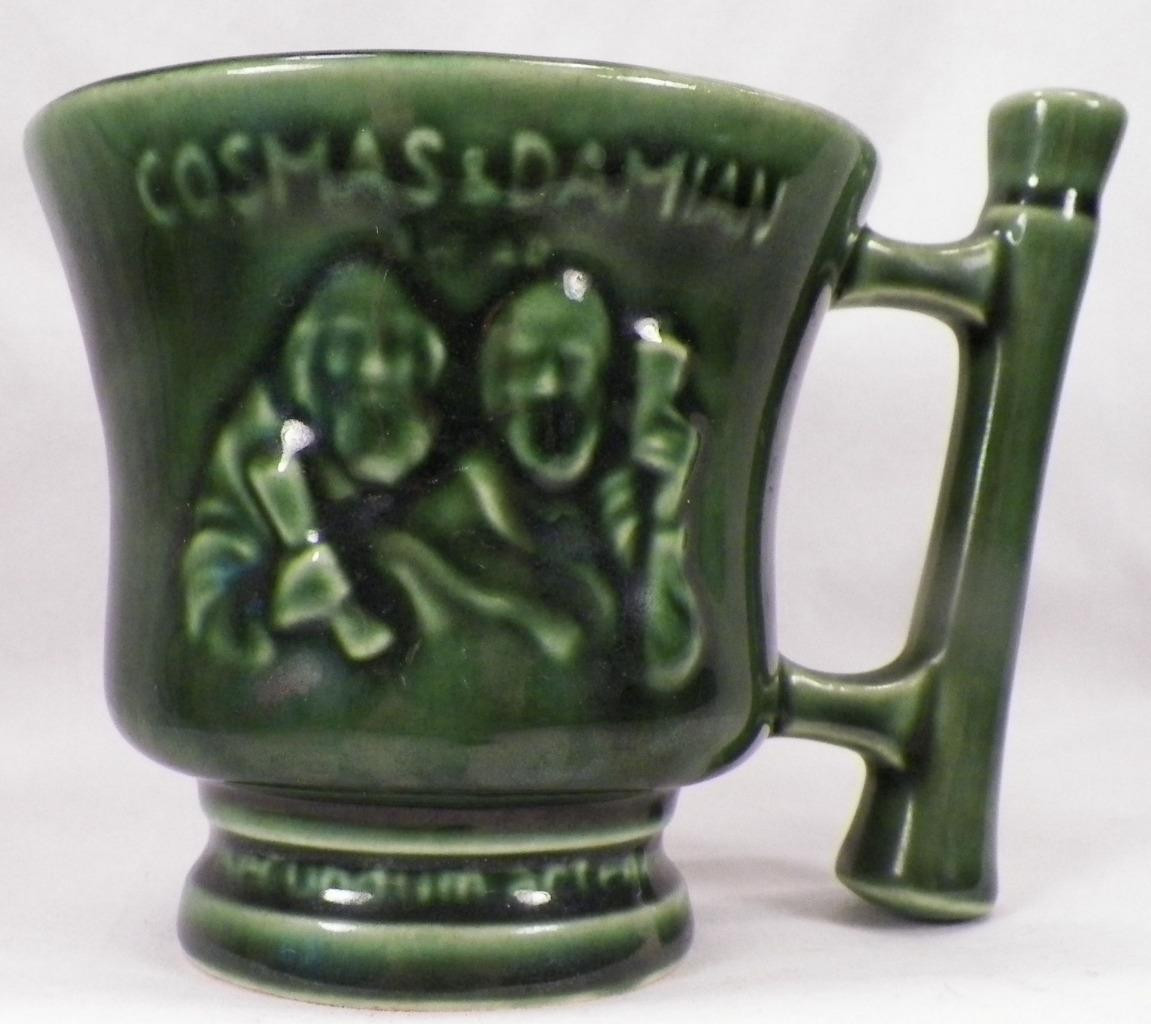McCoy Cosmas & Damien Mug Mortar & Pestle Green Pottery Advertising Schering