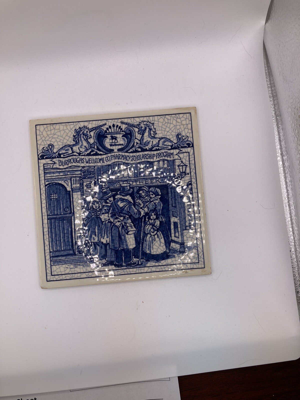 Vintage Blue Delfts Tile Burroughs Wellcome Co Pharmacy Scholarship Program 1992