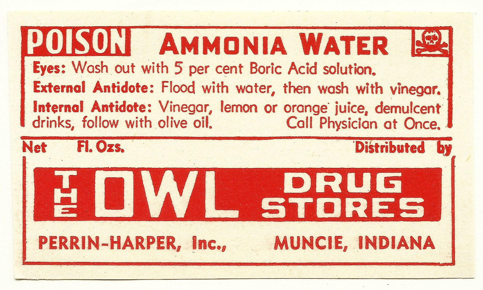 1 Antique Pharmacy Label AMMONIA WATER Poison w/ Skull Owl Drug Stores Muncie IN