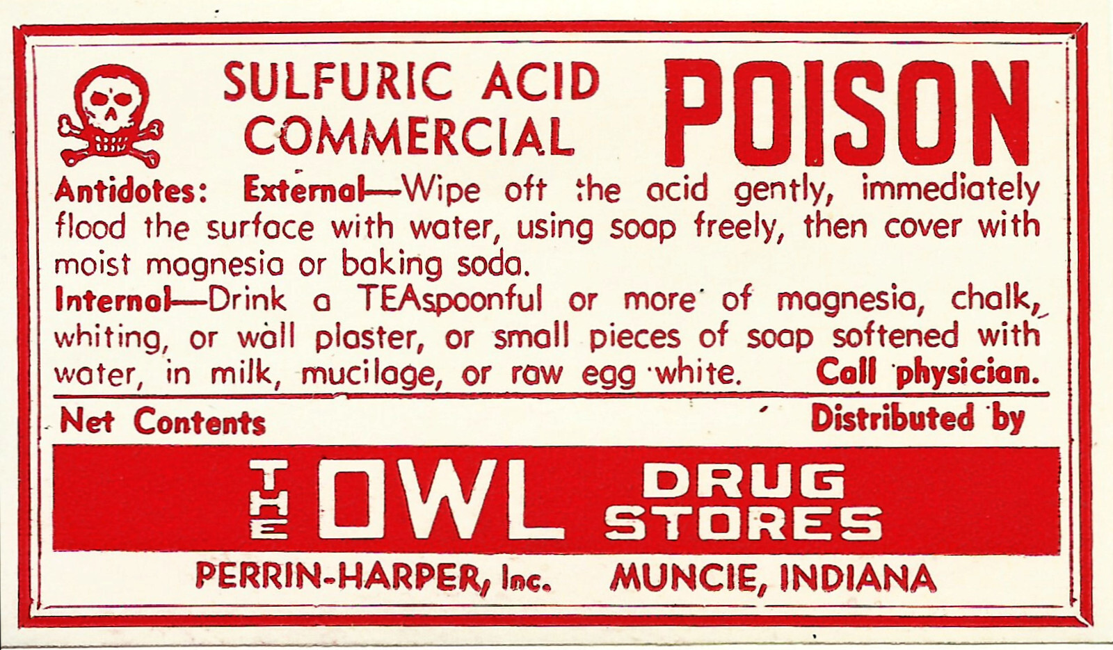 1 Vintage Pharmacy Label SULFURIC ACID POISON The Owl Drug Stores Muncie Indiana