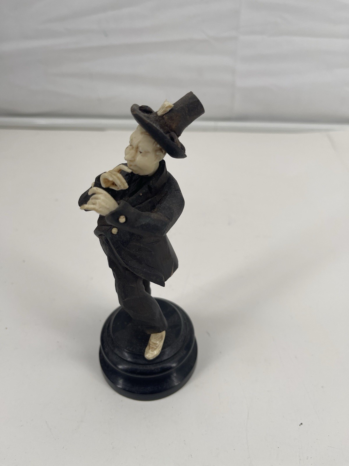 Vintage Hand Carved Chinese Ebony Figurine Boy Playing Flute on Wooden Base