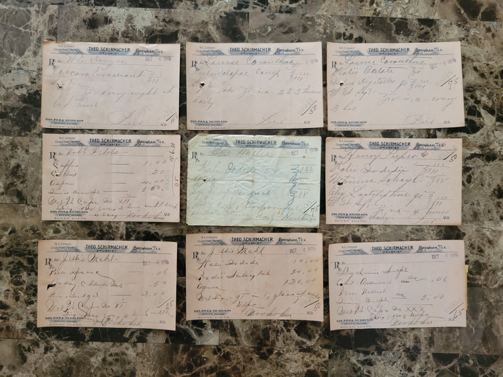 File box & 70 antique prescriptions (1910) – Codeine, Poisons, Equine