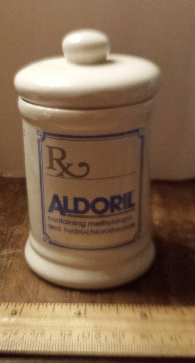 Vintage Advertising Aldoril RX Porcelain Apothecary Pharmacist Empty Jar (J34)