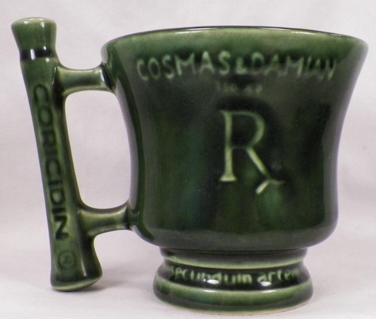 McCoy Cosmas & Damien Mug Mortar & Pestle Green Pottery Advertising Schering