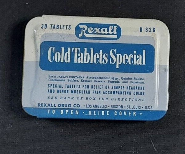 Old EMPTY Advertising Medicine Tin Rexall Cold Tablets Special Rexall Drug Co