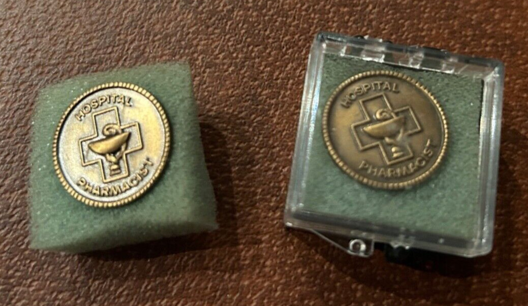 Pair of Vintage Hospital Pharmacist Pins Brass Unworn Healthcare Pharmacy