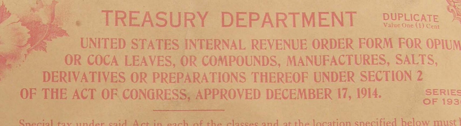 VINTAGE 1936 US TREASURY DEPT REVENUE FORM COCA LEAVES OR OPIUM MACON GEORGIA