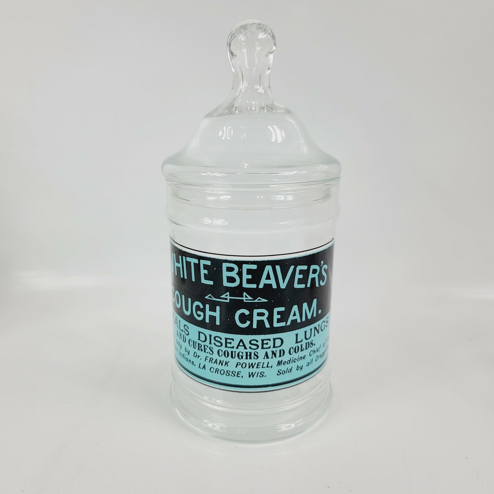 UNIQUE Apothecary Glass JAR DR POWELL White Beavers Cough Cream LACROSSE WI RARE
