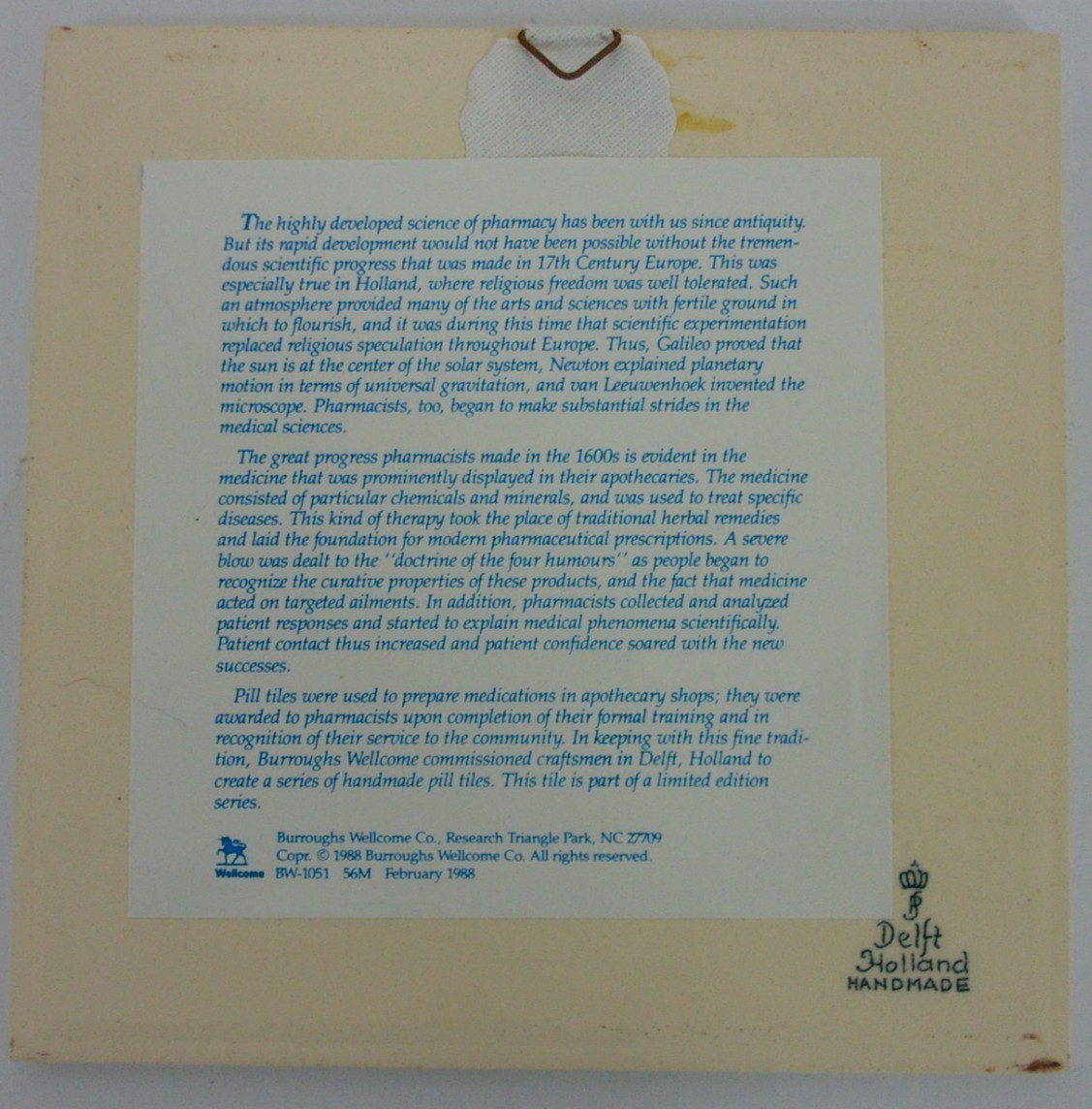 Burroughts Wellcome Co Delft Holland Blue & White Pharmacy Pill Tile 1988 #16