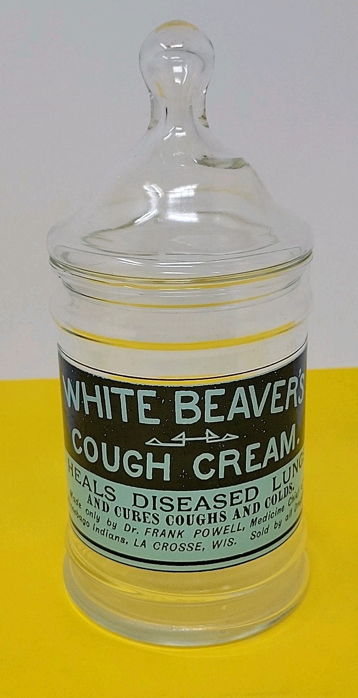 Vintage Glass Jar White Beaver’s Cough Cream Medicine Lacrosse WI Indians RARE