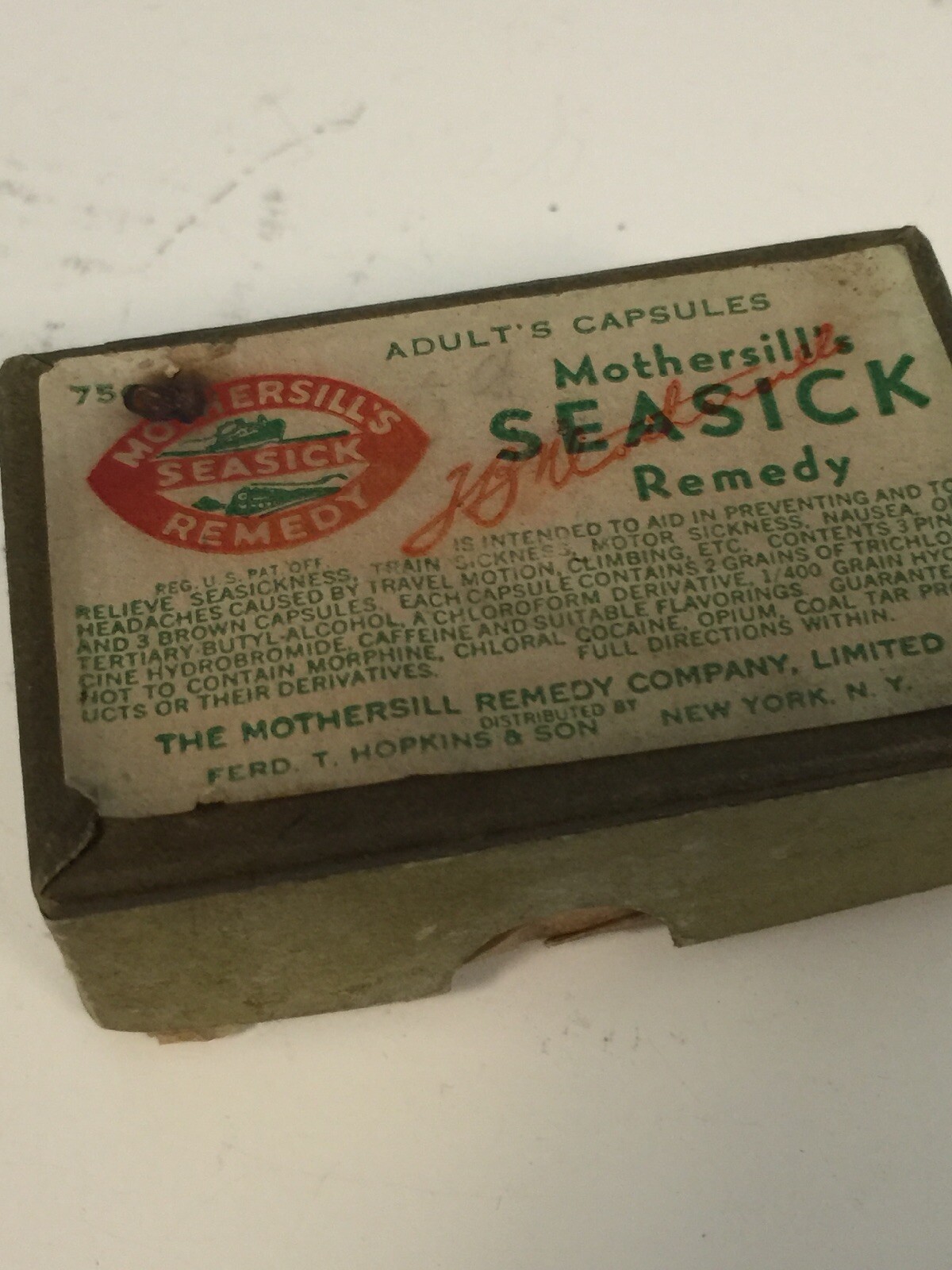 Old Advertising Medicine Box Mothersill’s Sea Sick Remedy Fred Hopkins New York