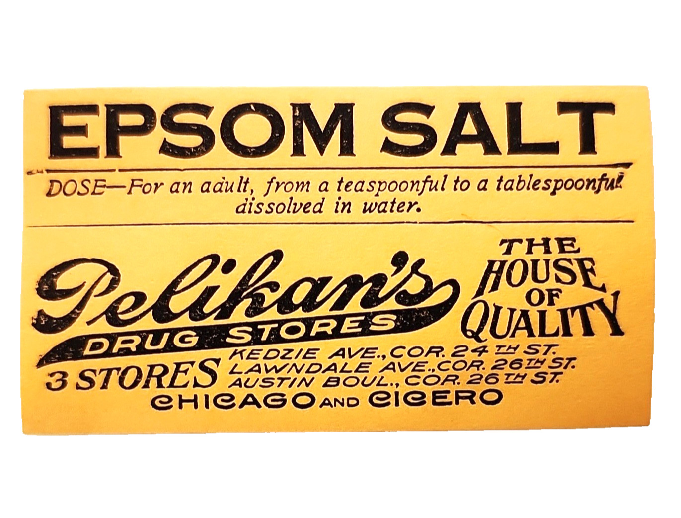 1930s Pelikan Bros Epsom Salt NOS Medical Label Apothecary Chicago Ephemera