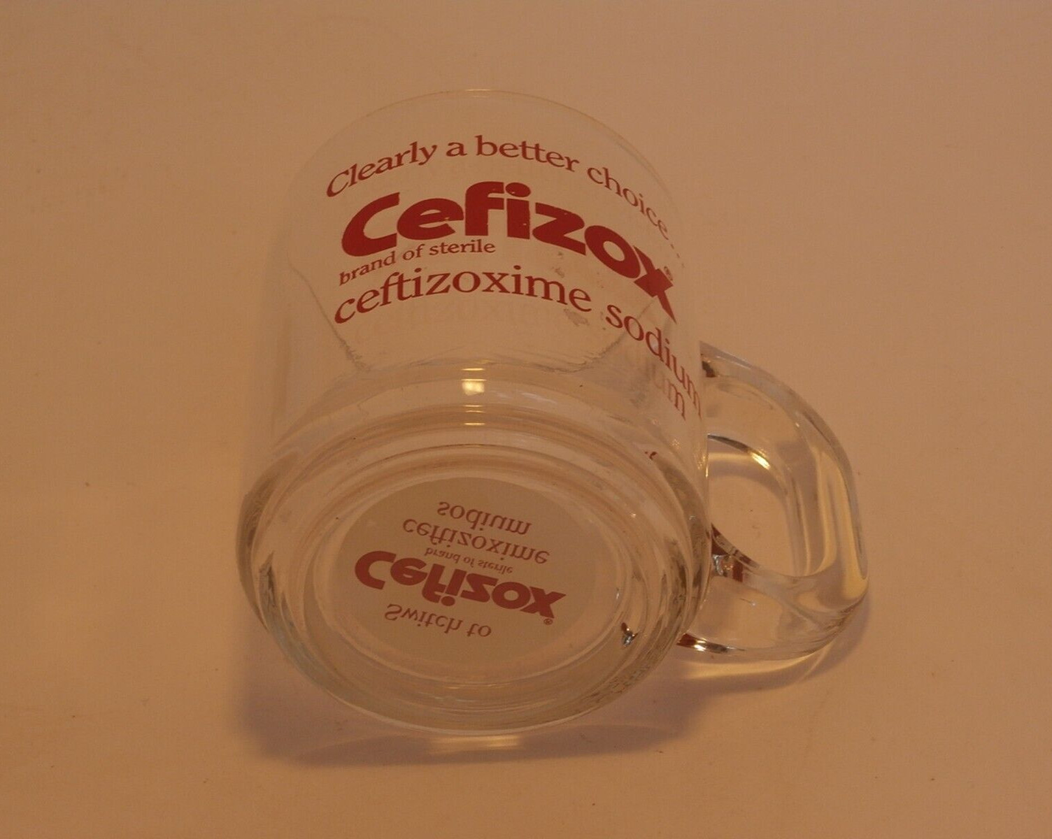 Pharmaceutical Drug Rep Clear Glass w/ Red Letters Coffee Cup CEFIZOX Antibiotic