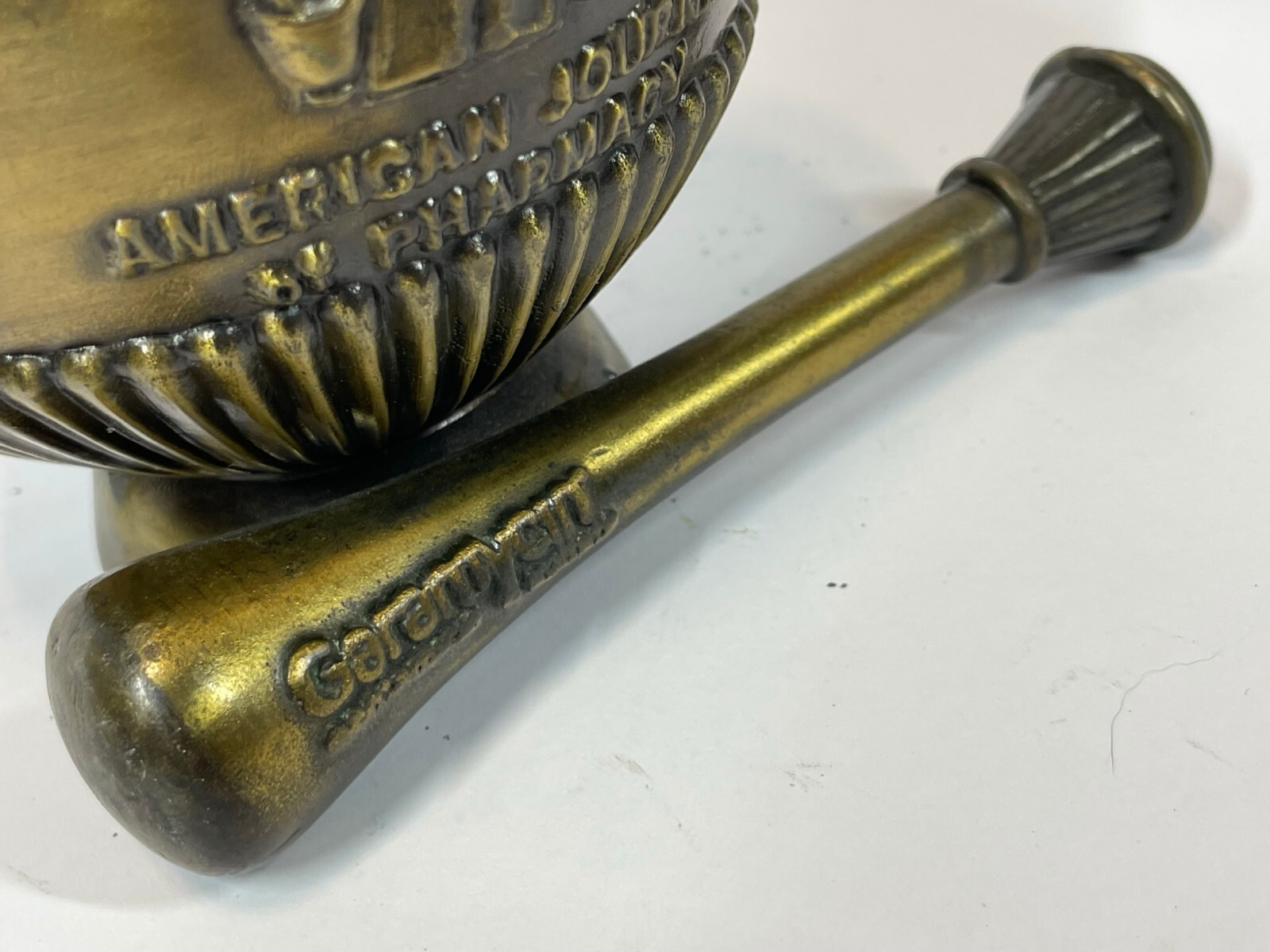 Vintage First American Pharmacy Journal Cast Brass Bronze Mortor & Pestle Set