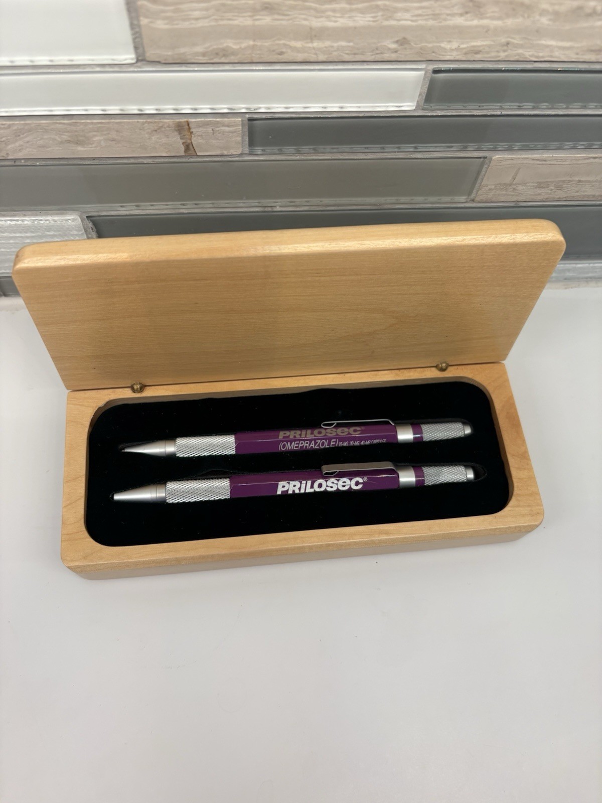 Prilosec Pen Pencil Set Wood Case Pharmaceutical Drug Rep Advertising