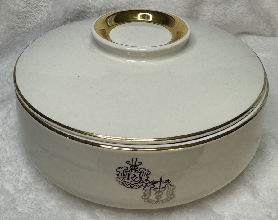 Vintage Apothecary RX Pharmacy Covered Dish Medical Crest Lidded Bowl Gold Trim