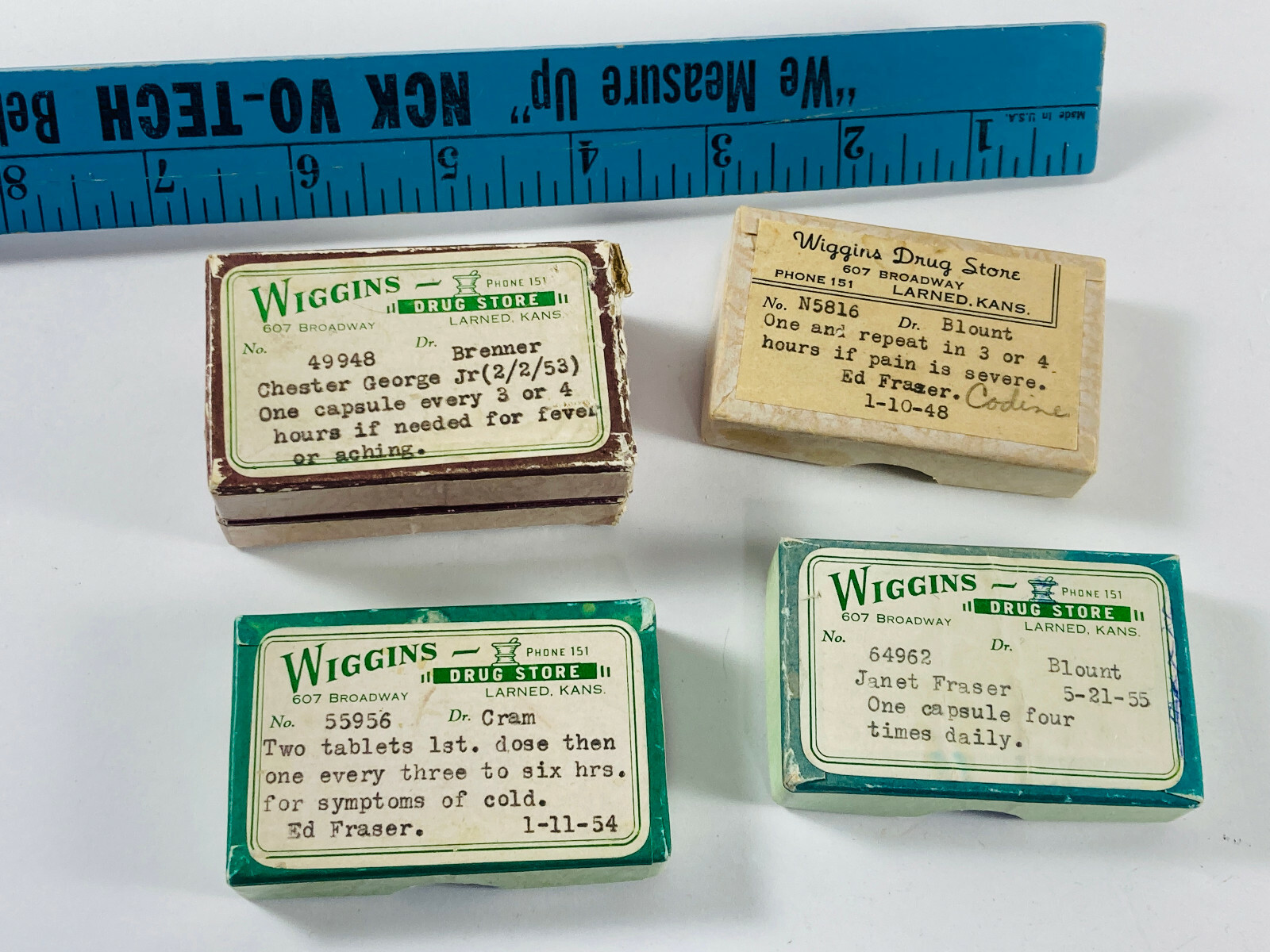 Lot (x4) Wiggins Drug Store 40s 50s Pill Medicine Boxes Codine Larned KS kansas