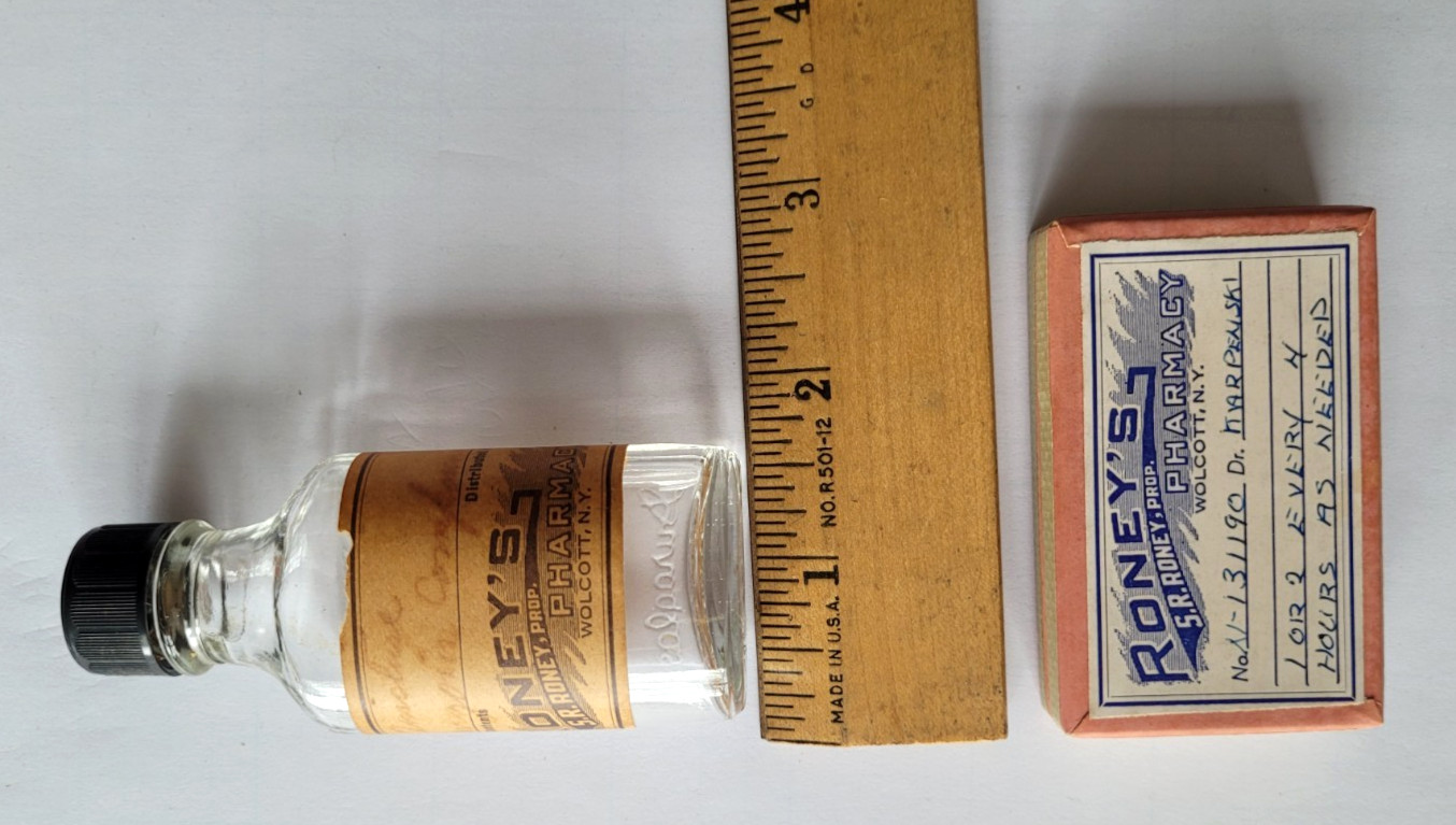 Lot of 2 Vintage Roney’s Pharmacy Medicine Wolcott NY Wayne Bottle Advertising