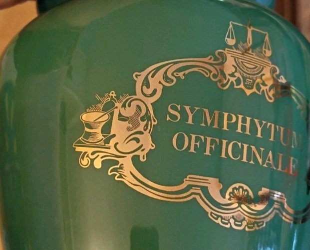 VTG Eli Lilly Ceramic Green Gold Trim Apothecary Jar-Symphytum Officinale #5-179