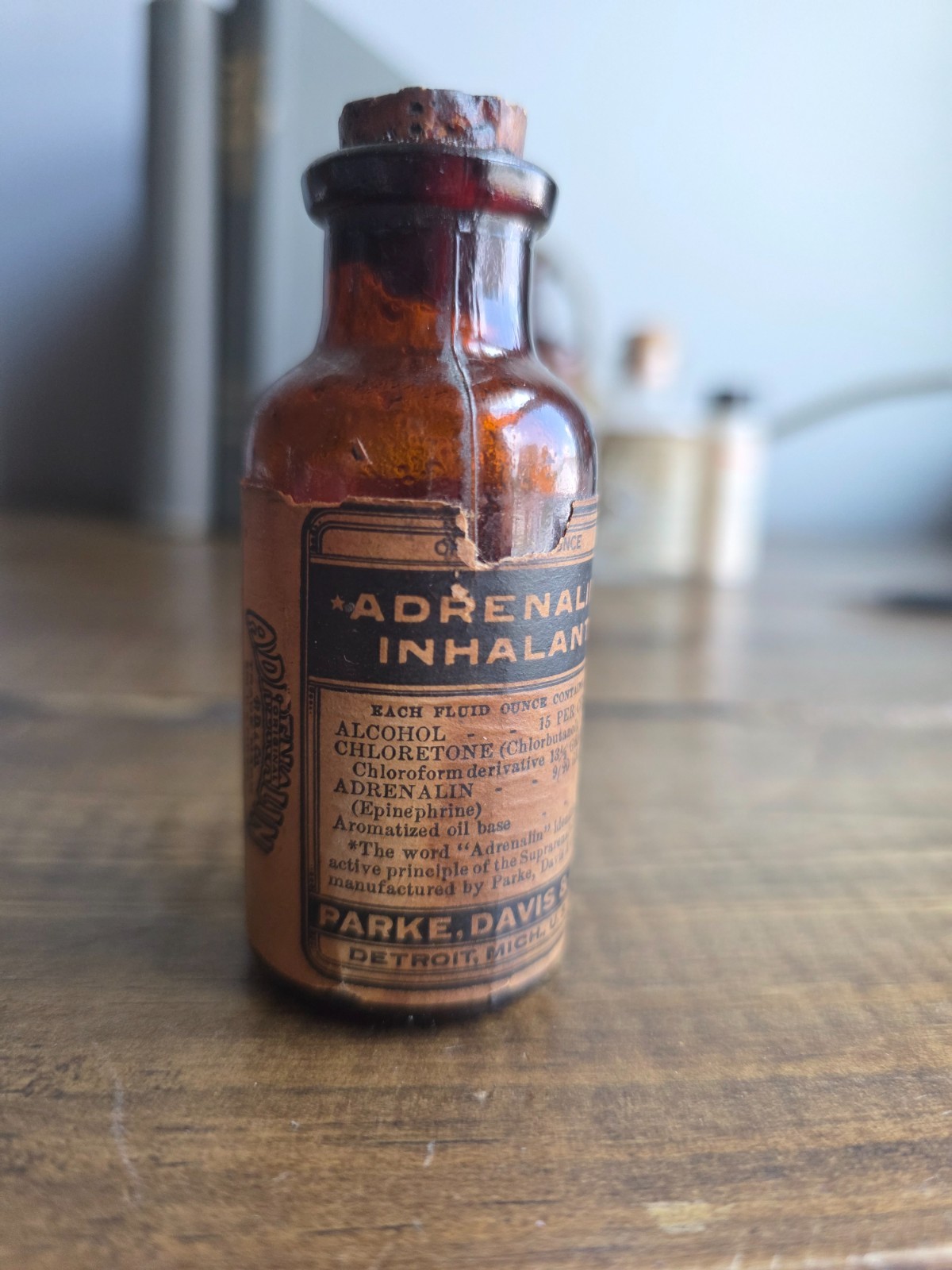 Antique Parke Davis Adrenalin Inhalant Amber Glass Apothecary Medicine Bottle