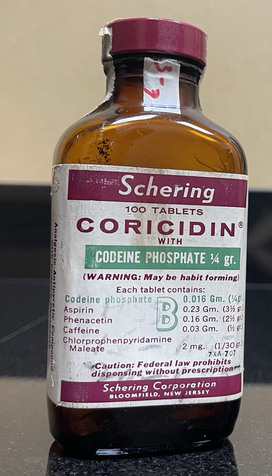Vintage Coricidin with Codeine EMPTY Glass Pharmacy Bottle