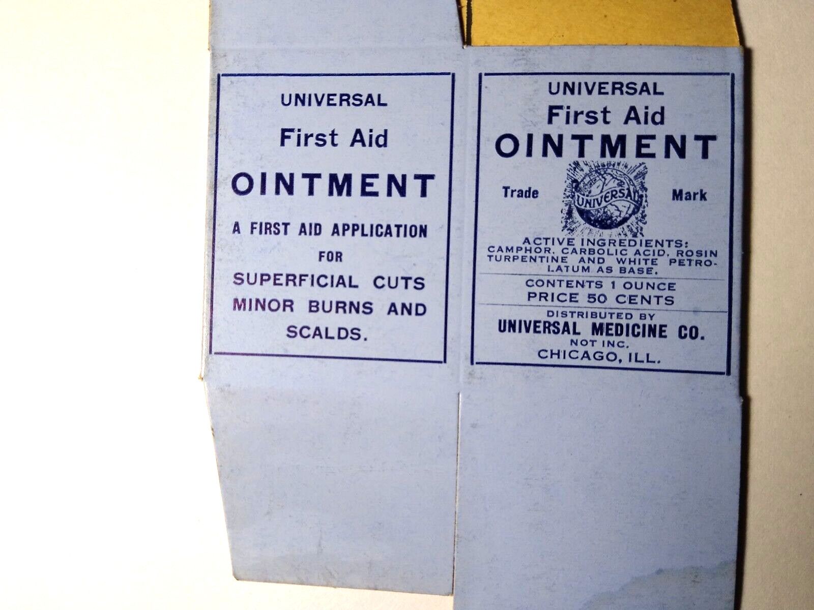 First Aid Ointment Vintage EMPTY Product Box Universal Medicine Co. Chicago ILL