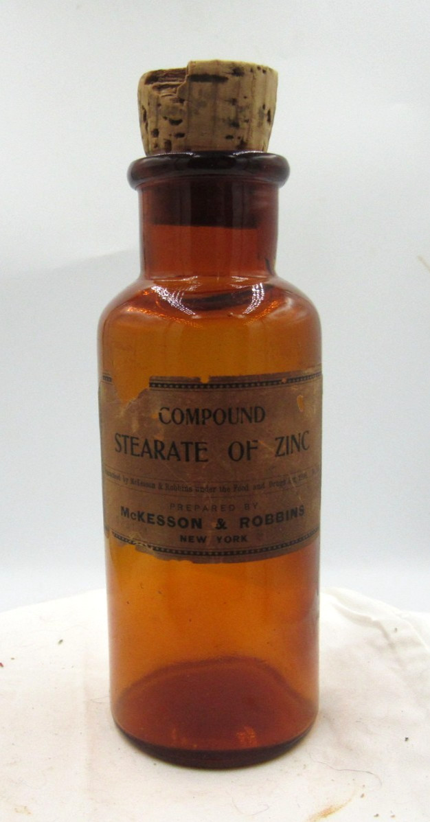 1890’s McKesson & Robbins Stearate of Zinc New York 5 3/4″ Amber Medicine bottle