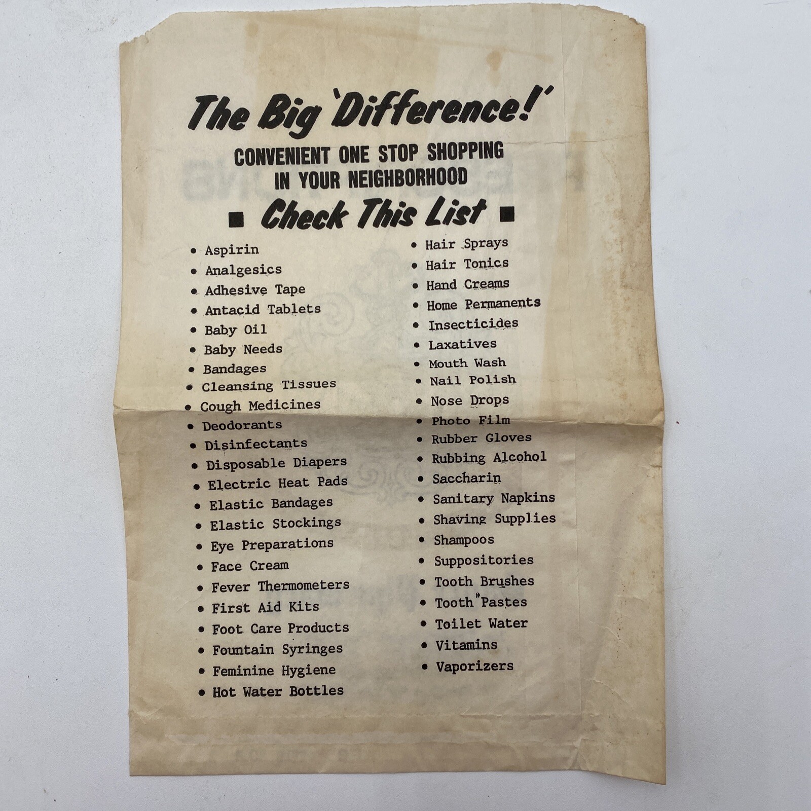 Sagre Pharmacy Paper Prescription Bag Elmer New Jersey Ephemera Prop Vtg 1970s
