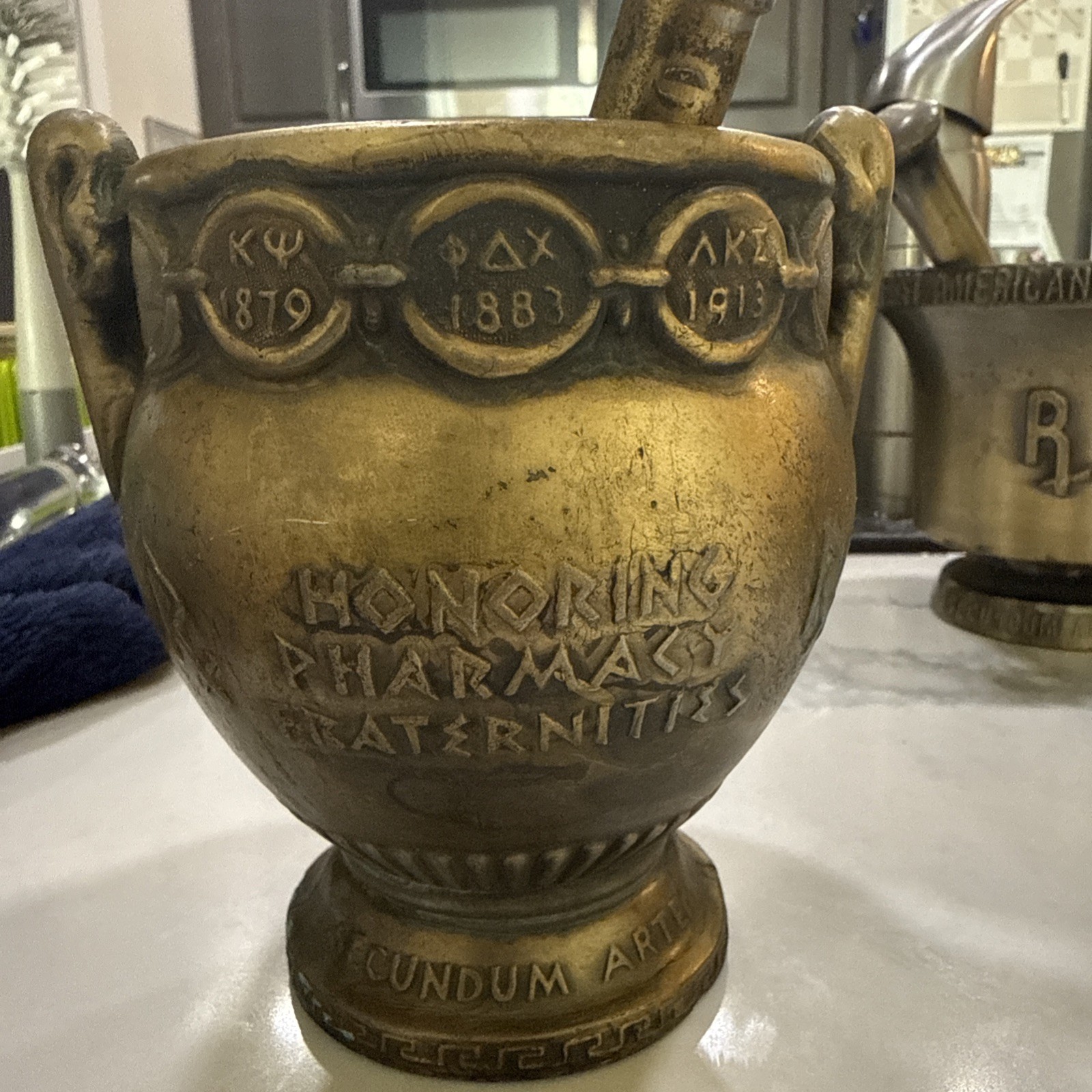 Brass 5” Mortar & Pestle Coricidin Advertising- Honoring Pharmacy Fraternities
