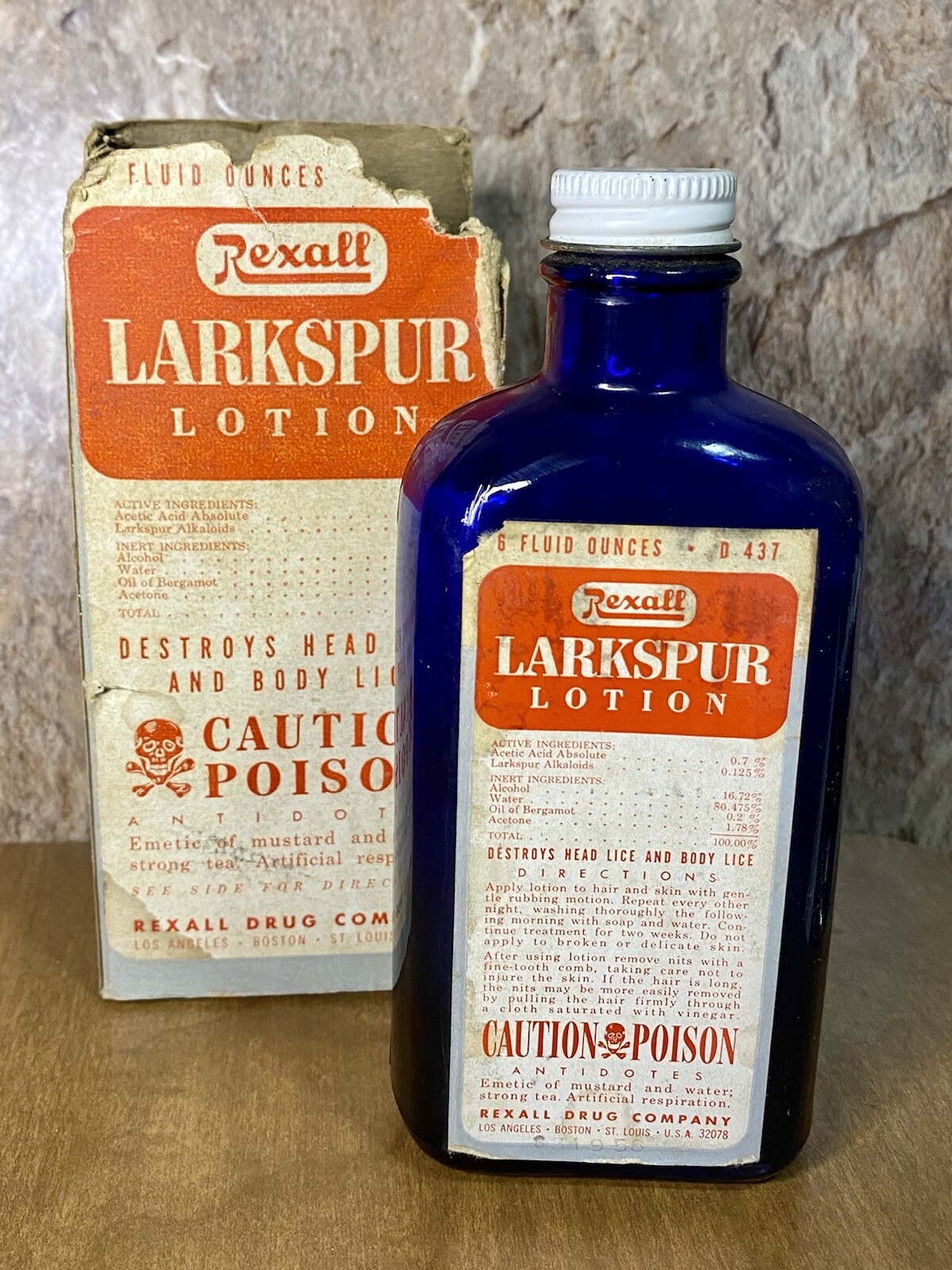 Vintage Rexall Drug Co Larkspur Lotion w/ Box POISON Hazel Atlas Blue Bottle