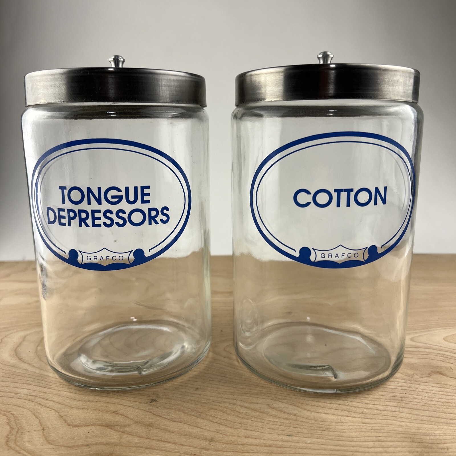 Lot 2 GRAFCO Cotton & Tongue Depressors Apothecary Medical Drs. Jars w/lids 7″