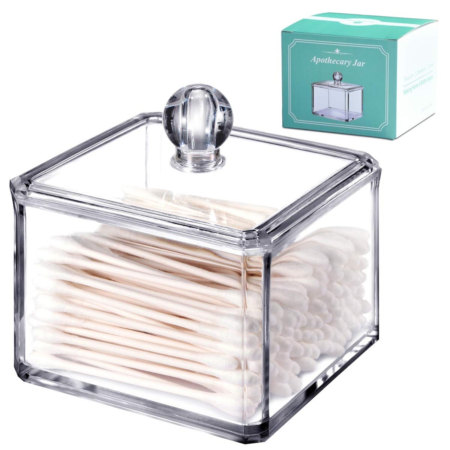 SheeChung 2-Pack Modern Square Acrylic Qtip Holder – Clear Apothecary Jars wi…