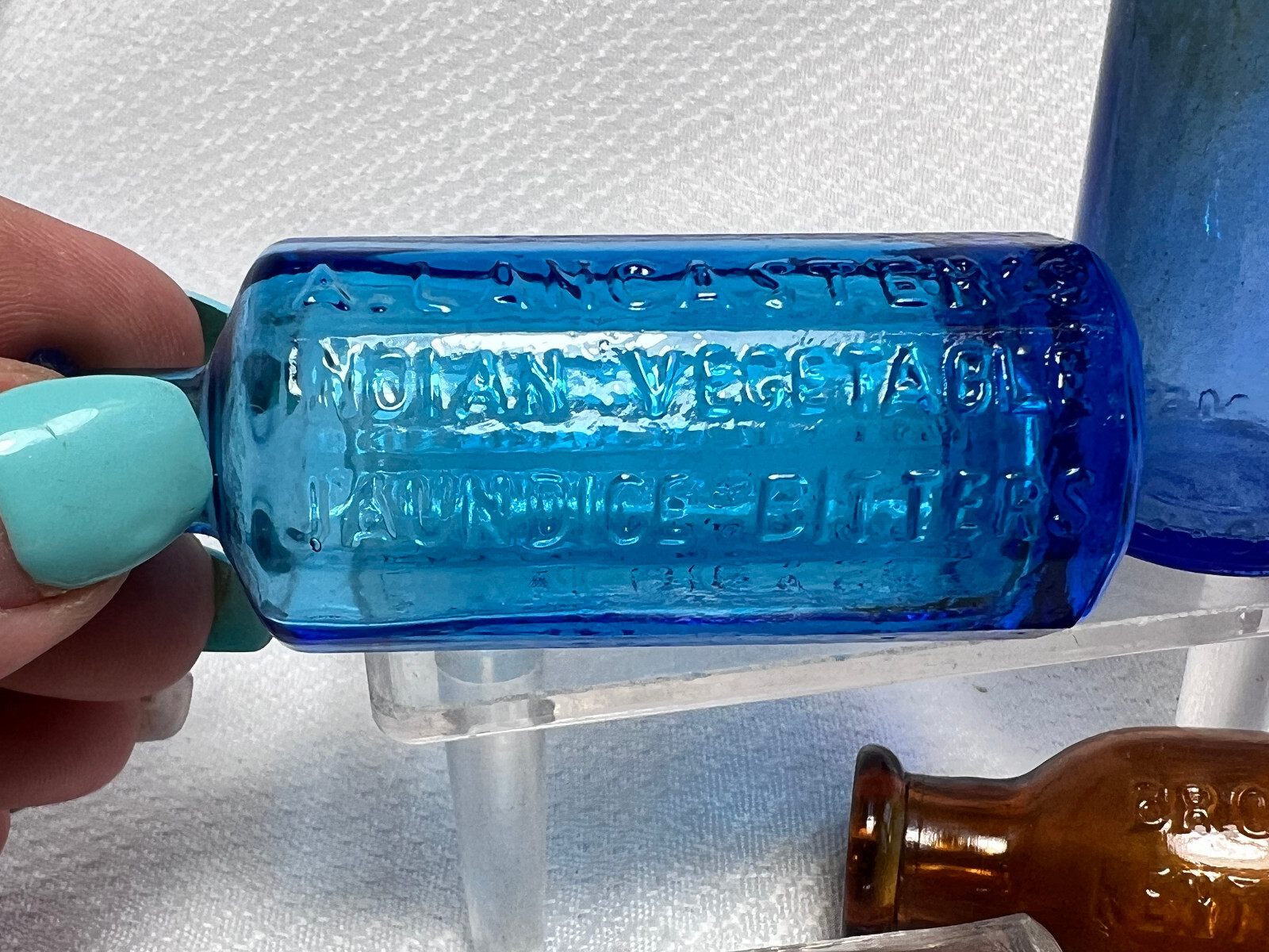Vtg Blue Brown & Clear Drug Store Pharmaceutical Mini Decorator Lot Of 4 Bottles