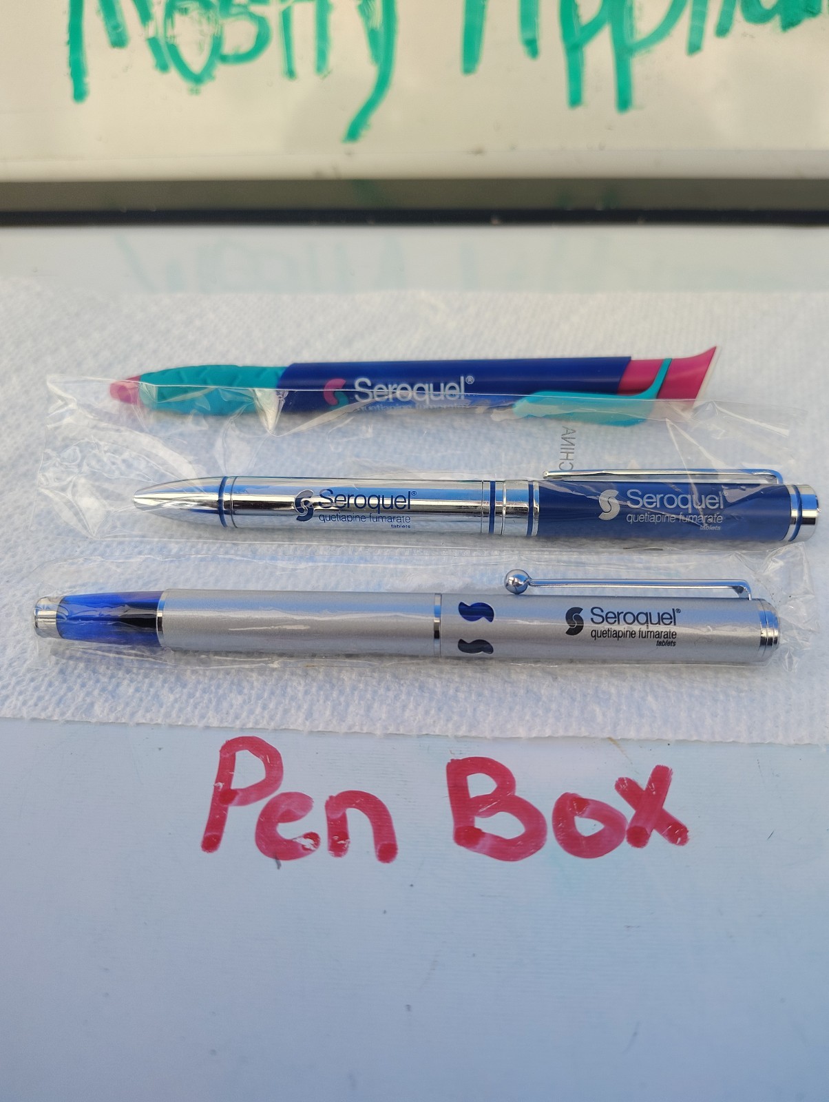 SEROQUEL Pens lot 3 Drug Rep – 2 Metal / 1 Plastic Swag – Movie Prop – Ad – NEW