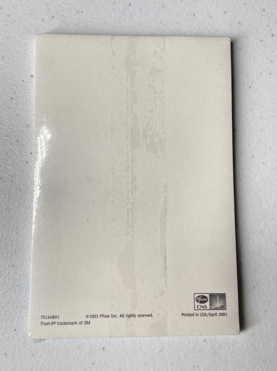 Zoloft New Sealed Pharmaceutical Drug Rep Sticky Note Notepad 2001 Pfizer Vtg