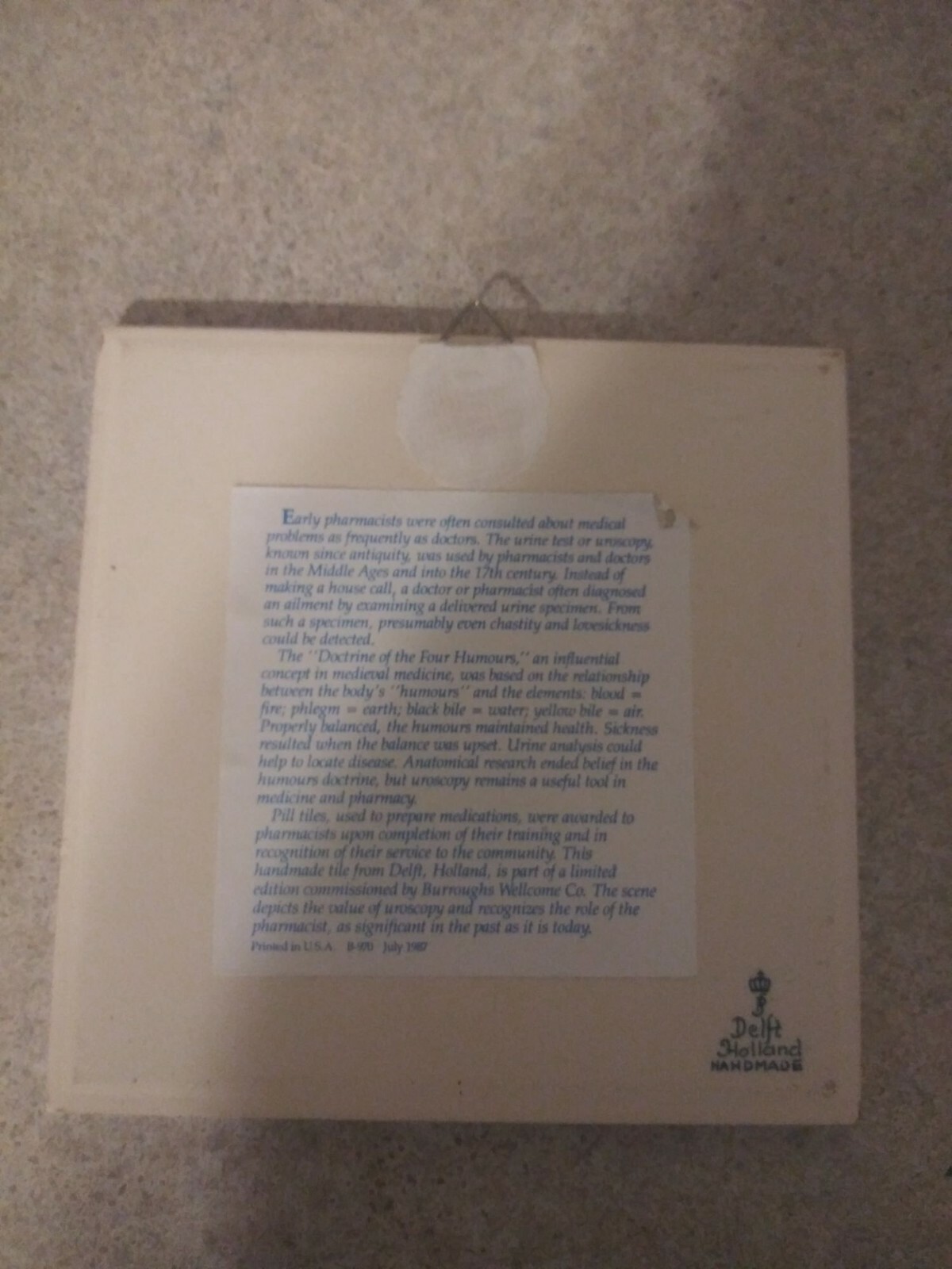 BURROUGHS WELLCOME Pharmacy English Pill Tile Handmade DELFT Holland