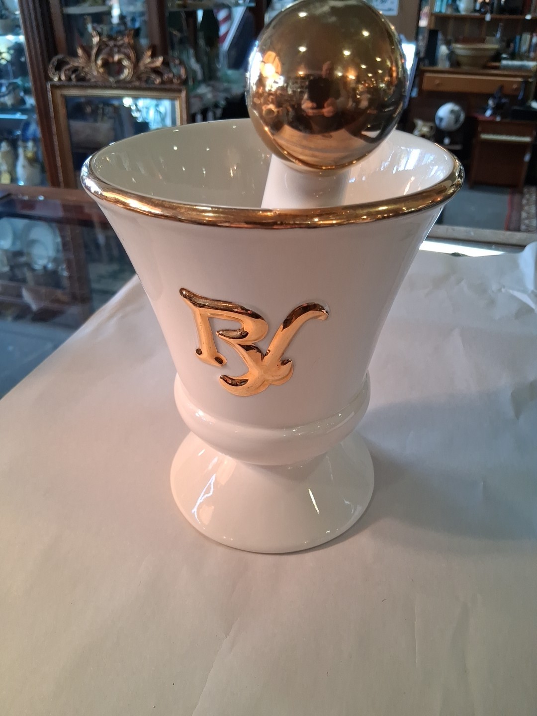 Vintage Owens Illinois RX Pharmacy Mortar and Pestle Set 7″ Tall White and Gold