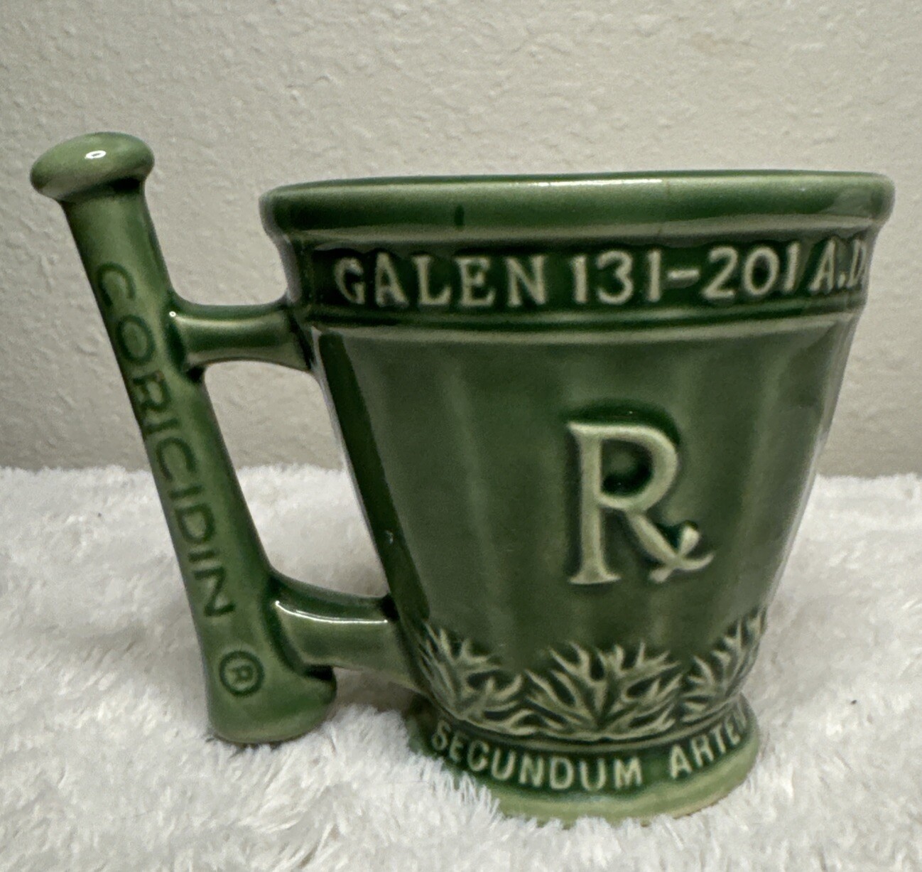 Schering Coricidin RX Pharmaceutical Promo Coffee Mug Green Galen 131-201 A.D.