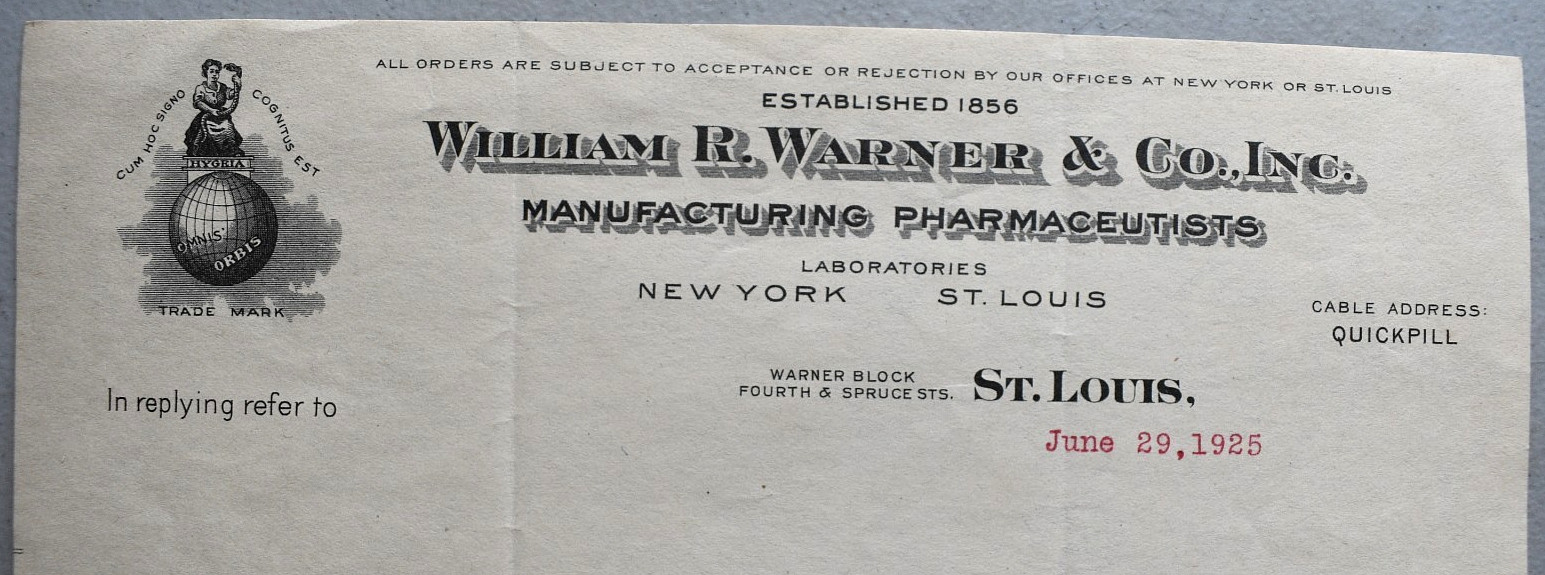 William R. Warner Medicine Drug Pharmacy Laboratories Vintage 1925 LETTERHEAD