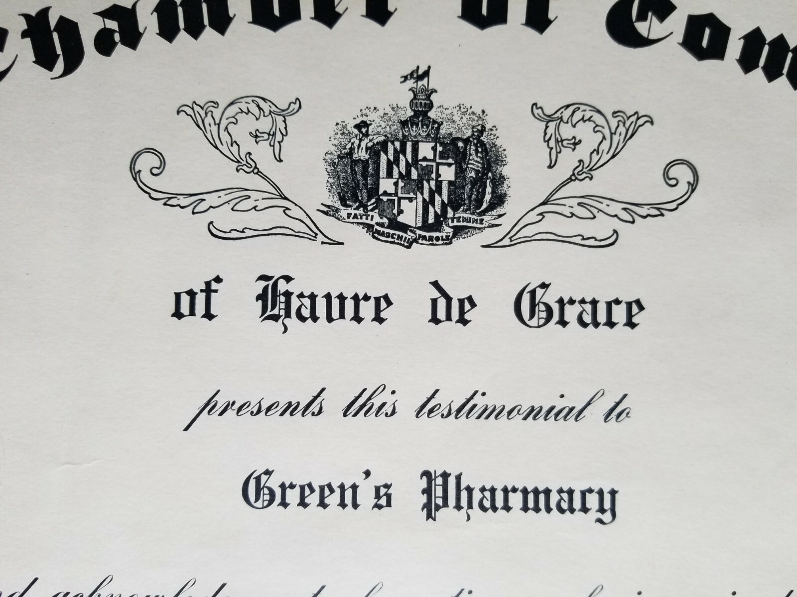 1941 GREEN’S PHARMACY Havre De Grace Maryland Chamber of Commerce 50 Year Award