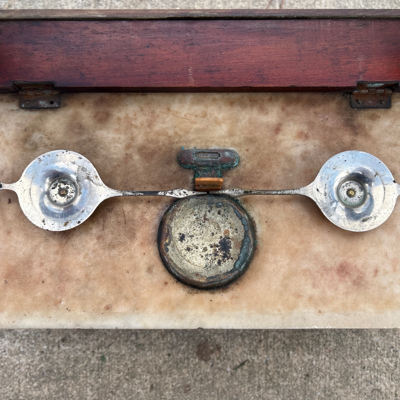 Antique Marble & Wood Apothecary Pharmacist Balance Gold Bouillon Scale Rustic
