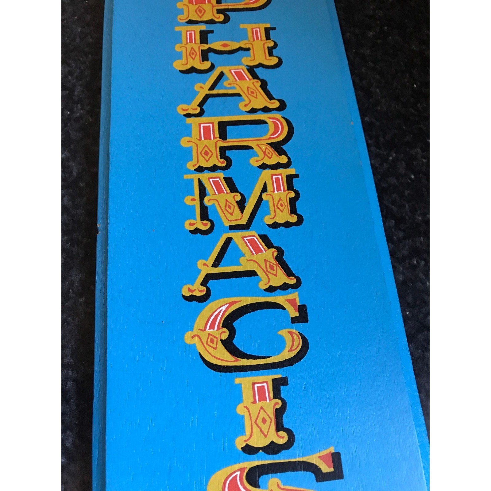 Vtg 1970 PHARMACIST Blue Wood Sign Plaque Viking Handmade Japan Original Label