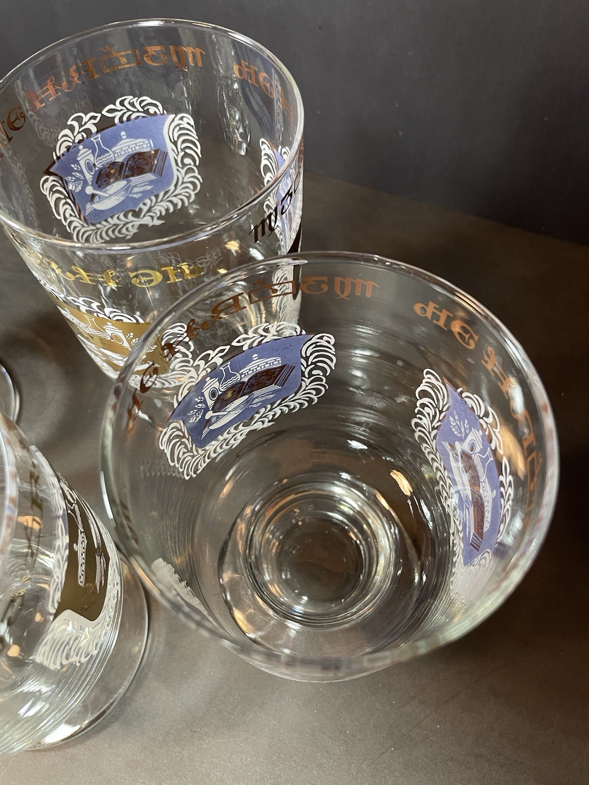 4 MCM Apothecary Pharmacy Medical Rx Gold Trim Footed Bar Drinking Glasses