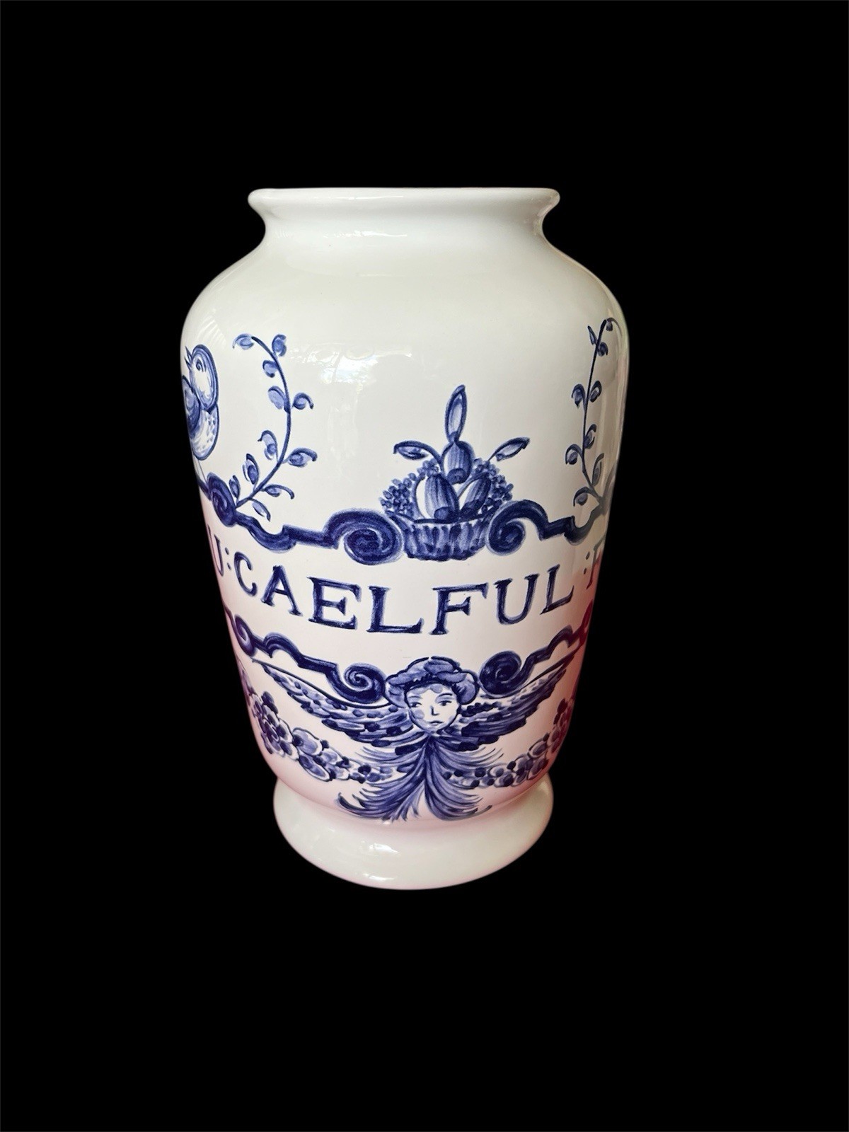 VINTAGE LILLY BLUE WHITE CERAMIC PHARMACY APOTHECARY JAR VASE U:CAELFUL:FO