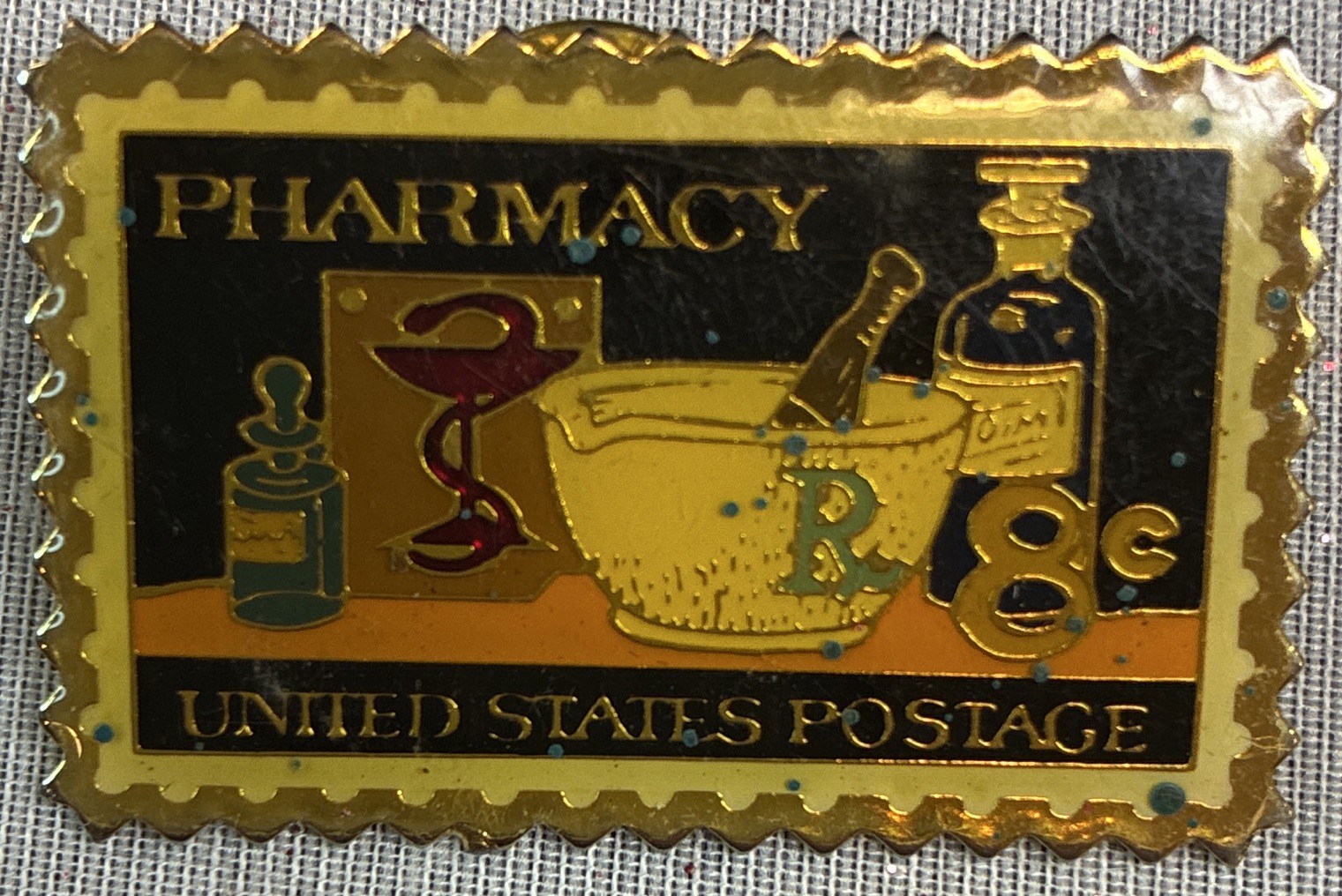 Pharmacy United States Postage 8¢ Stamp-Style Lapel Pinback Pin Santa Ana CA