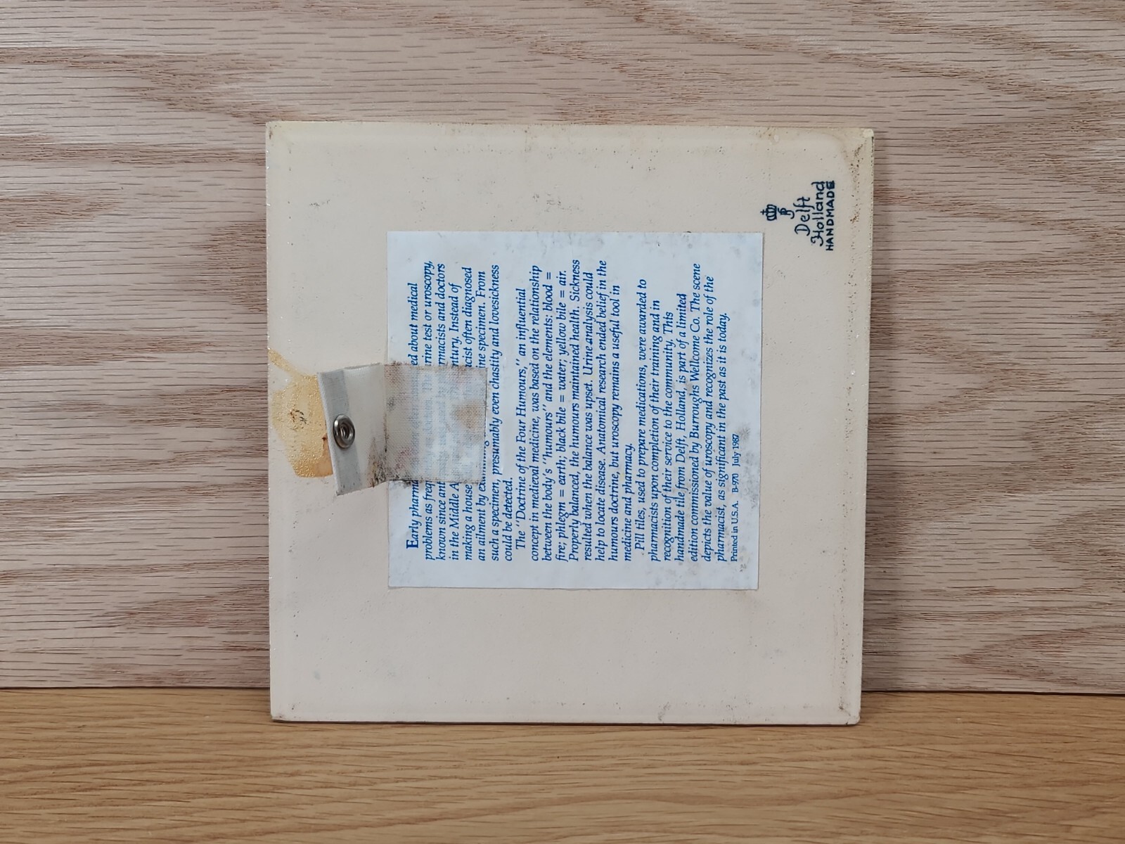 Delft Holland Handmade Urine Test Tile July 1987 B-970 Burroughs Wellcome Co.