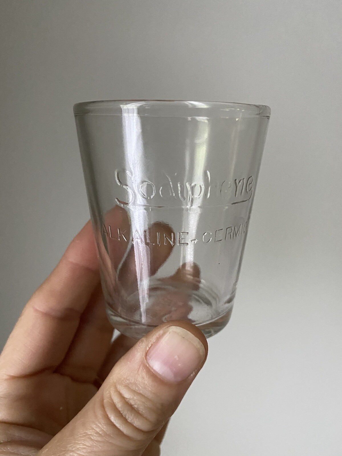 Hazel Atlas Sodiphene Vintage Clear Glass Dose Cup Advertising Germicide 2 3/4”