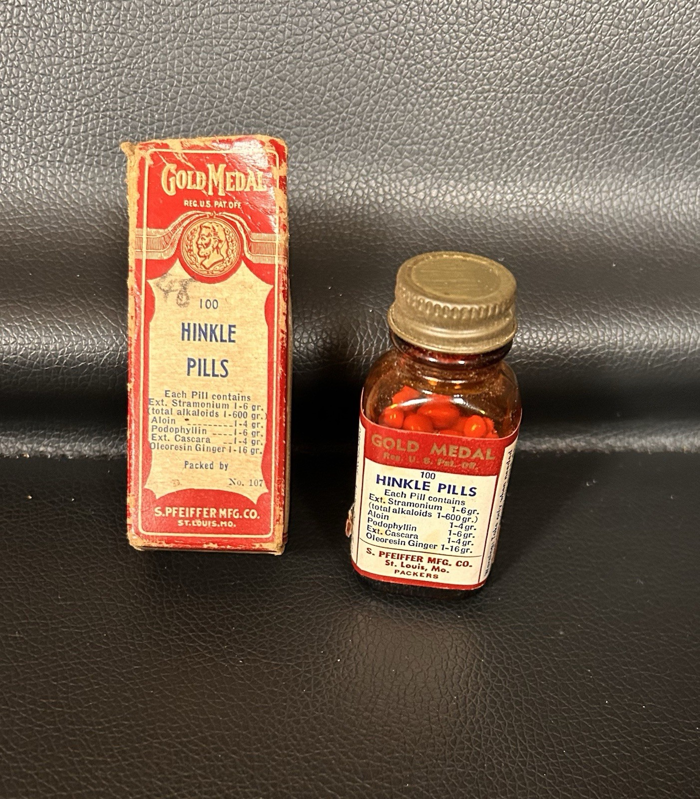 Vintage Gold Medal Hinkle Pills Laxative Medicine with Box-S. Pfeiffer Mfg. Co.